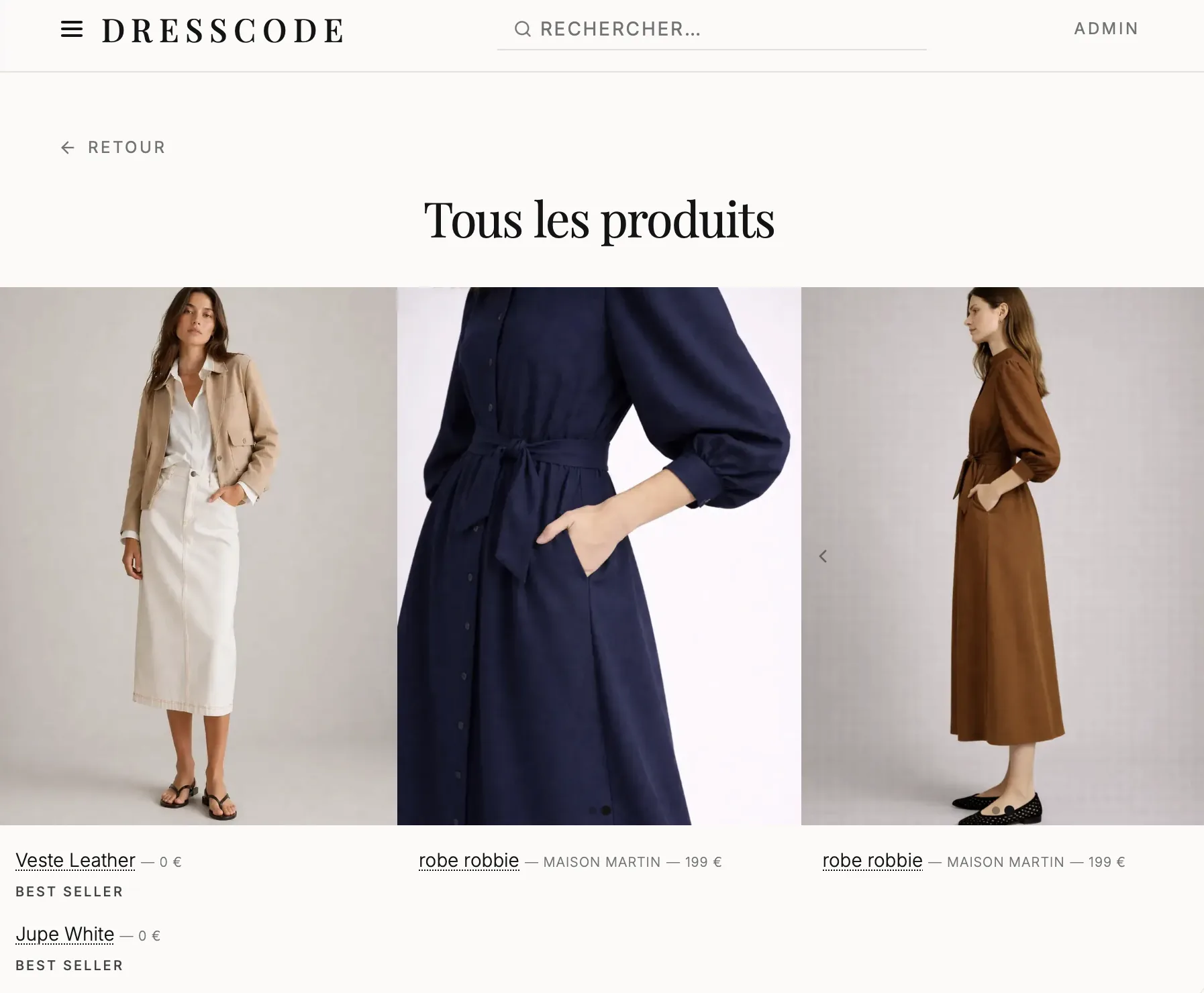 Catalogue digital boutique de vêtements multimarque — page Tous les produits avec fiches éditoriales