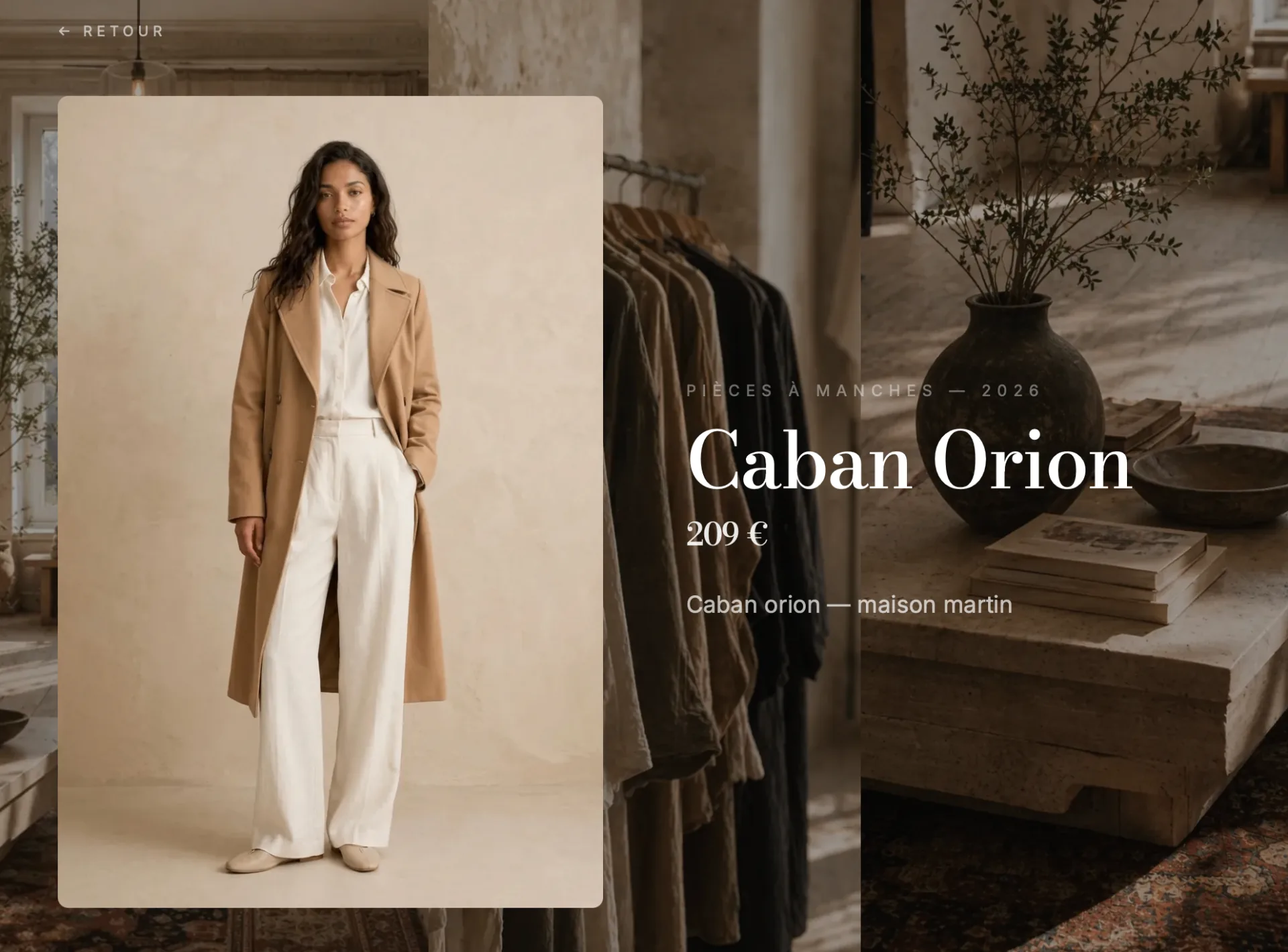 Exemple de fiche silhouette PROJETA STUDIO — Caban Orion, pièce de prêt-à-porter premium
